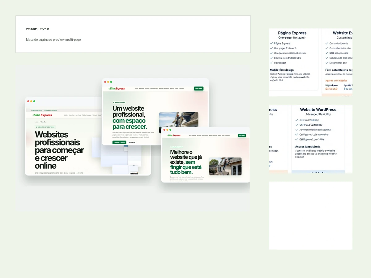 Painel visual com páginas e secções de um Website Express SiteExpress