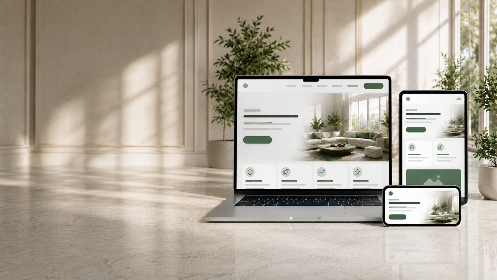 Composição SiteExpress com laptop, tablet e telemóvel a mostrar websites profissionais.